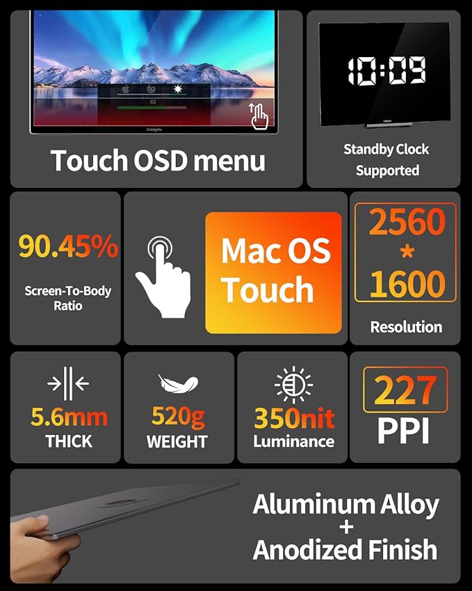 Portable Touchscreen Monitor for Mac, 13.3inch 2.5K 350nit 227 PPI Ultra-Thin Touch Screen Monitor, USB-C Plug & Play Travel Screen for Windows/Android/Switch(Stylus not Included)