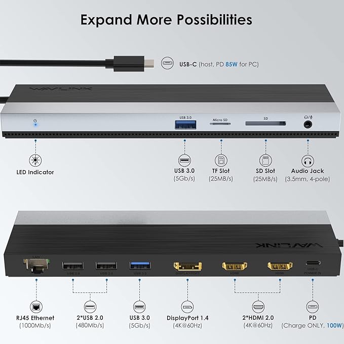 WAVLINK USB C Docking Station, USB-C Dock Triple Display PD 85W,USB Type C Hub with DisplayPort, HDMI, USB 2.0/3.0, Gigabit Ethernet, SD/TF Slot, Audio Jack for Windows and Mac