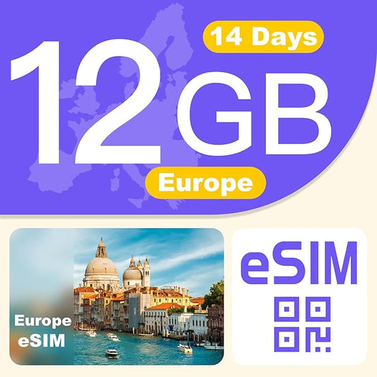 Europe eSIM Card 12GB 14Days - 4G LTE High-Speed Network, Prepaid eSIM for 32 Countries (Including Switzerland), Hotspot Support, High Coverage Multi-Carrier for Unlocked iPhone and Android