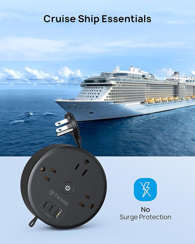 TROND Retractable Extension Cord Power Strip - Travel Power Strip with 3 AC Outlets 3 USB Ports (2 USB C), Ultra Thin Flat Plug 5ft, Cruise Ship Essentials, for Home Hotel Dorm Room, Black