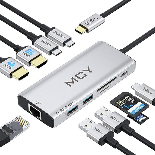 MCY USB C Hub,Laptop Docking Station Dual Monitor Single 8K,2x4K@60Hz,10 in 1 Type-C Multiport Adapter with 2 HDMI,PD100W,Extender Splitter,Card Reader,Ethernet Dock for Mac/Dell/HP/Surface/Steam Deck