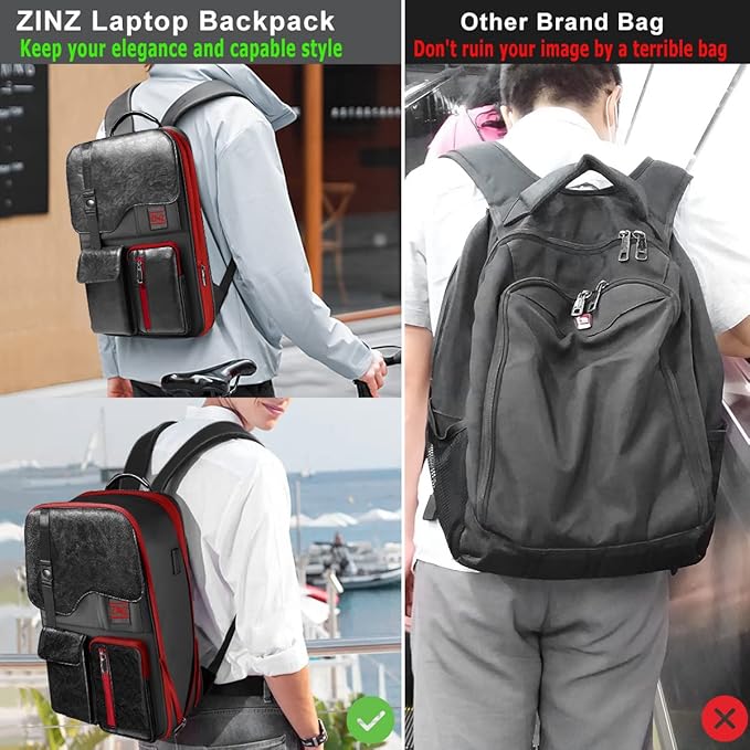 ZINZ Slim & Expandable Laptop Backpack 15.6 Inch, Computer Rucksack Water Resistant Bag, Anti-Theft Travel Daypack for Men and Women-Black&Red