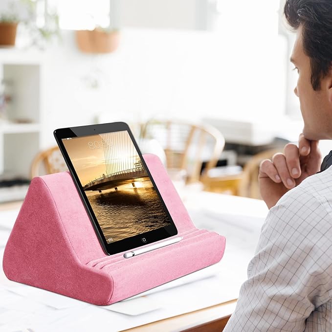 Soft Tablet Stand Pillow with Pocket,Adjustable 3 Viewing Angle,Lazy Holder for Bed Sofa,Compatible with iPads Tablets eReaders Smartphones Books Magazines (Light Pink)