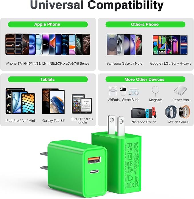 USB C Wall Charger, LCGENS 2-Pack 20W Type C Fast Charger Block Plug Dual Port PD + QC3.0 USBA Charging Brick Cube for iPhone, iPad, Samsung Galaxy, Google Pixel, Motorola, Huawei, Bright Green
