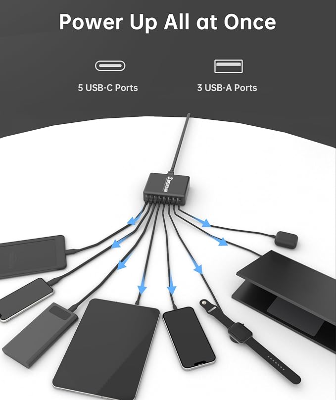 560W 8-Port USB C Charger Block, SMEIWANR Charging Station for Multiple Devices, Fast Charger GaN PD Compatible with MacBook, iPhone and Samsung etc. (Black)