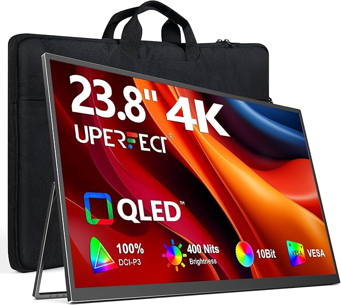 UPERFECT Portable Monitor 4K 23.8" QLED| 400 Nits 24" Large Monitor | 3840 * 2160 UHD 100% DCI-P3 | 1MS FreeSync | USB-C & HDMI | VESA & Kickstand | Second Screen for Computer, Mini PC, Game Consoles