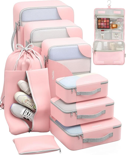 ALL INCLUDED 10 Set Durable Packing Cubes for Suitcases,OlarHike Essentials for Travel, UPGRADED Anti-Tear Stitching, NEW Improved Luggage Packing Organizers for Travel Accessories (Pink)