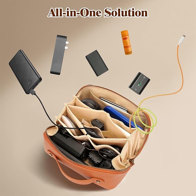 Electronic Organizer Travel Case, Portable Waterproof PU Leather Tech Pouch, Accessories Storage Bag, Compact Travel Cord Organizer for Cable, Charger, Phone, Earbuds (Brown Tech Pouch 2L)