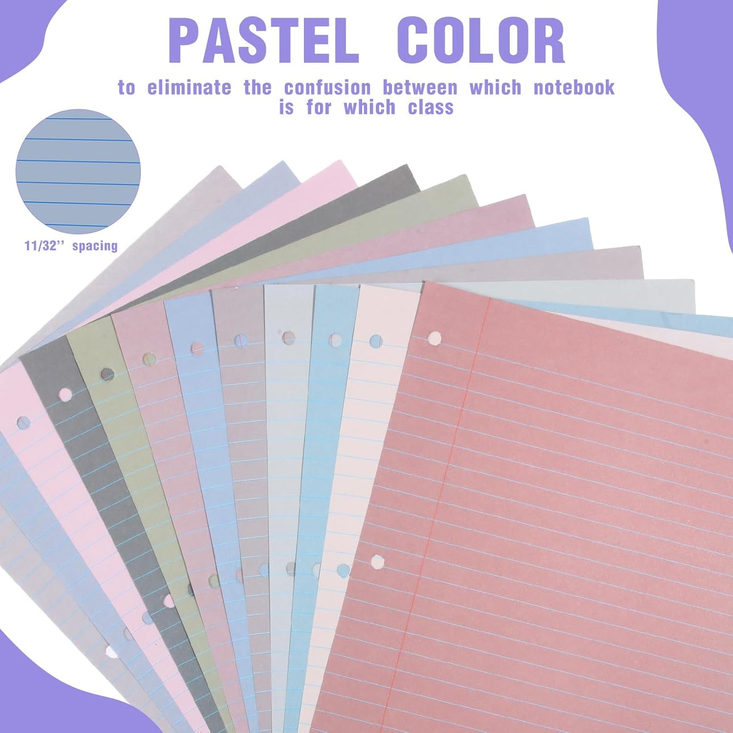 PerKoop 12 Pack 600 Sheets Colored Lined Paper Bulk Wide Ruled 8 x 10.5 Inches, Pastel Loose Leaf Notebook Paper 3 Hole Punched Filler for Back School Classroom Supplies(Elegant Color)