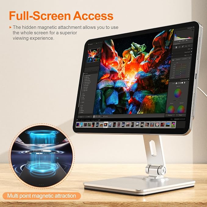 Magnetic Charging Stand for iPad Pro 11, Aluminum Foldable Charger Stand with 360° Rotation, USB-C Fast Wireless Charger Station for iPad, Holder Mount for Office (Rechargeable Version)