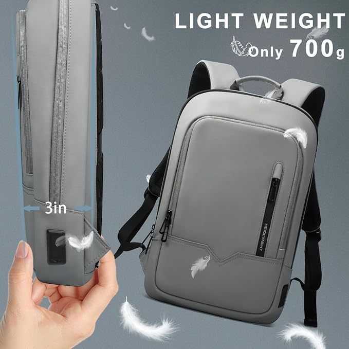 hk Backpack for Men Business Slim Backpack with USB Charger Computer Lightweight Anti-theft Travel (Grey, 17.3 Inch)