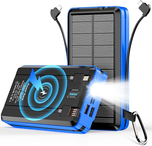 Solar Power Bank Portable Charger Lithium Ion Polymer Battery 52800mAh 5V/3A Fast Charging Battery Pack with Built in 4 Cables 2 Outputs & LED Flashlight for All Mobile Devices Camping Traver Outdoor