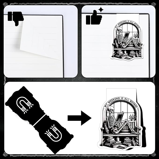 Skeleton Reading Bookmark Magnetic - 8 Pcs Gothic Skeleton Bookmarks Magnets Horror Skull Flower Book Marks Page Magnets Marker Clip Gift for Women Men Students Teacher Book Lovers Reading