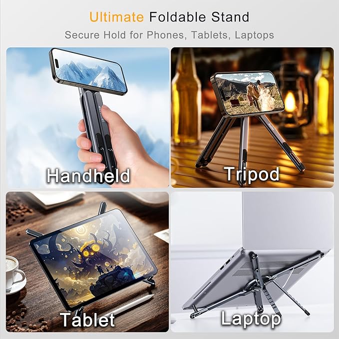 Portable Magnetic Phone Holder Laptop Stand for Desk, Aluminum Adjustable Phone Tripod Stand for iPhone 17 Air Pro Max, Laptop Riser Tablet Mount, Mini Airplane Travels Essentials