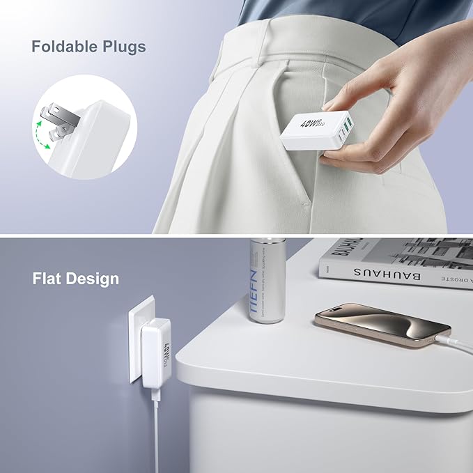 USB C Charger Block, Excgood 40W 4-Port Flat USB Wall Charger Adapter Multiport Dual PD+QC Foldable Slim Fast Charging Plug Compatible for iPhone 16 15 Pro Max 14 13 iPad Watch Galaxy S23,2Pack White