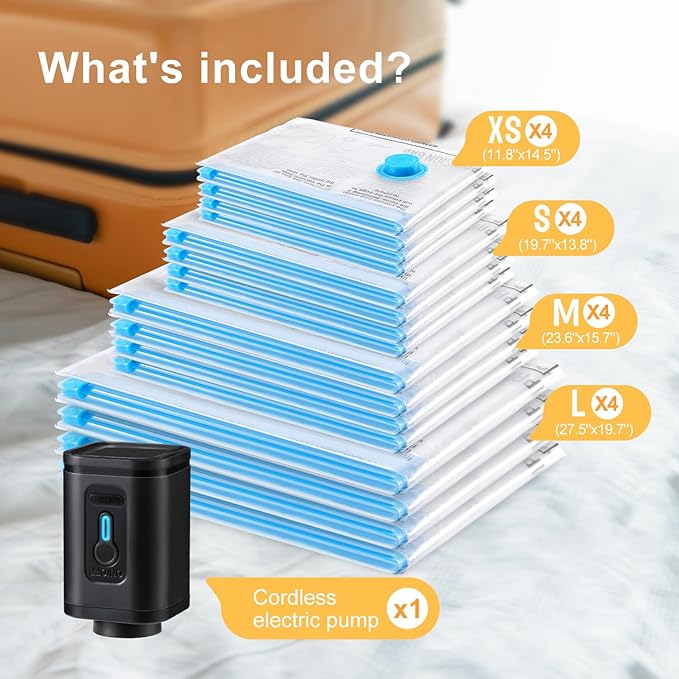 Combo 16 Pack Travel Vacuum Bags with Portable Electric Pump, Space Saver Vacuum Storage Bags for Clothing and Luggage, Travel Essentials