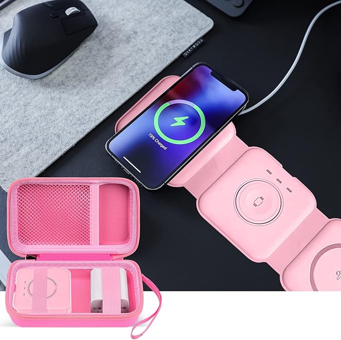 Travel Case for UCOMX for Nano/for Iseyyox/for LISEN/for RTOPS 3 in 1 Wireless Charger, Foldable Magnetic Charging Station Storage Holder Bag for Fast Charge Pad Cable and Adapter, Pink-Box Only