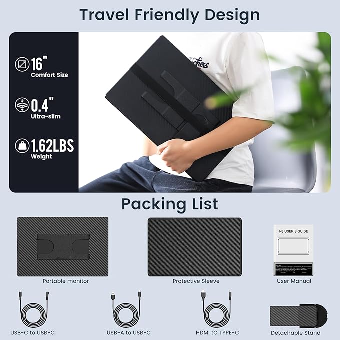 Portable Monitor, 16 Inch 1200P FHD, Horizontal and Vertical with Kickstand, Plug&Play, Built-in Speakers, Ultra-Thin Zero Frame,Travel Monitor for Laptop with Premium Smart Cover