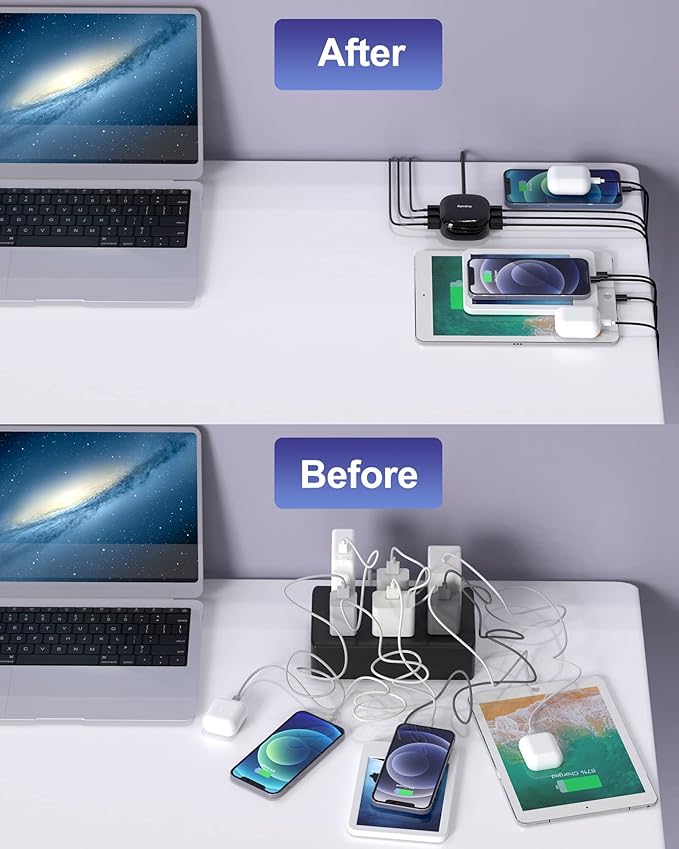 SUPERDANNY 6-Port USB Charger 8A, 40W Mini USB Charging Station, Charging Station for Multiple Devices, 4ft Cable, Compatible with iPhone, iPad, Galaxy, Pixel, for Travel, Cruise, Black