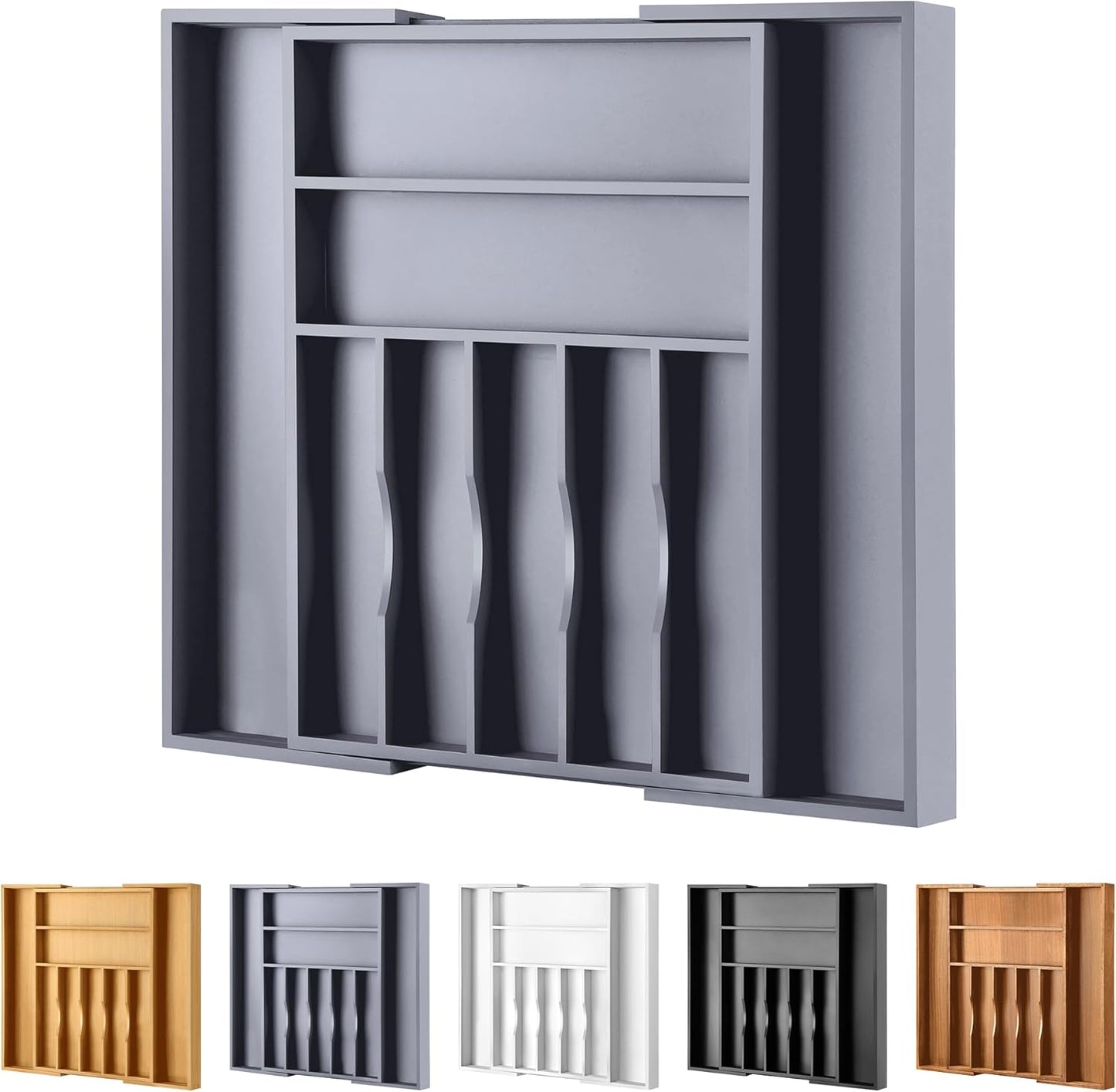 Large Premium Bamboo Silverware Organizer - Expandable Drawer Organizer & Utensil Organizer - 17"x19.7" Cutlery Tray with Dividers for Kitchen Utensils and Flatware (7-9 Slots) (Grey)