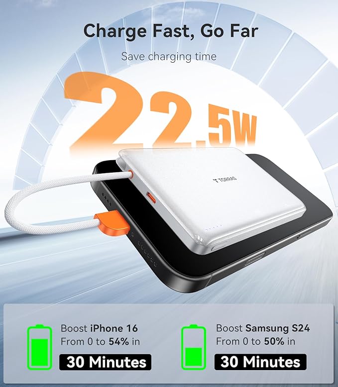 TORRAS Power Bank with Built-in USB-C Cable, Ultra-Slim 10,000mAh Portable Charger USB C, 22.5W Fast Charging Battery Pack for iPhone 17/16/15 Series, Phone air, Galaxy, Pixel, White (No-Wireless)