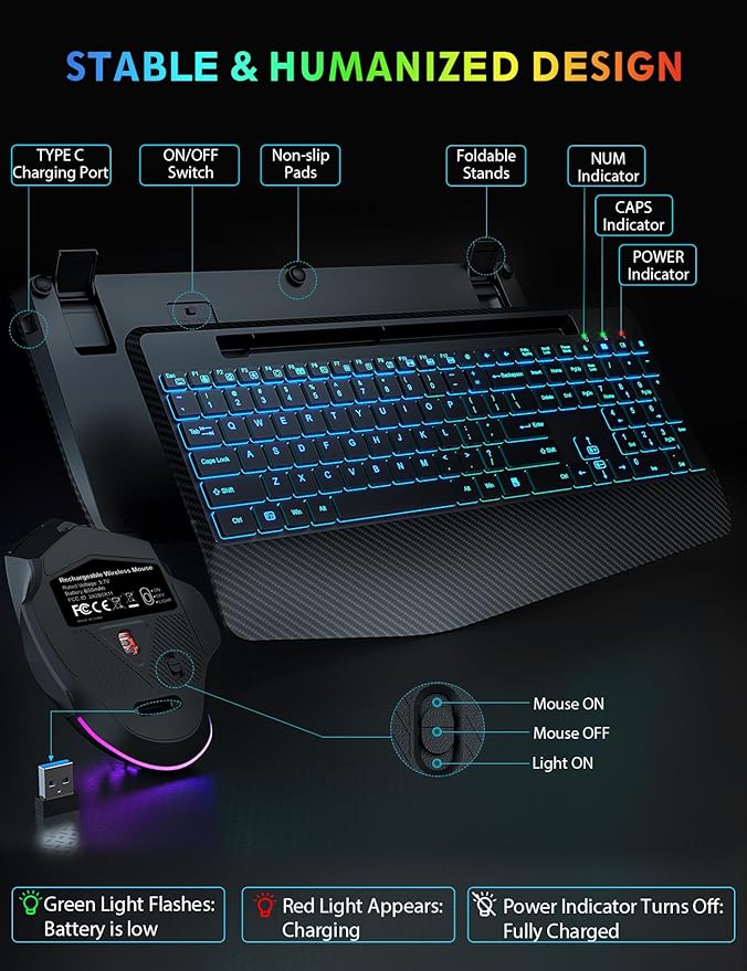 Wireless Keyboard and Mouse Backlits, Wrist Rest, LED Mouse, Rechargeable Ergonomic Keyboard with Phone Holder, Silent Light Up Combo for Computer, Mac, PC, Laptop, Chromebook (Black)