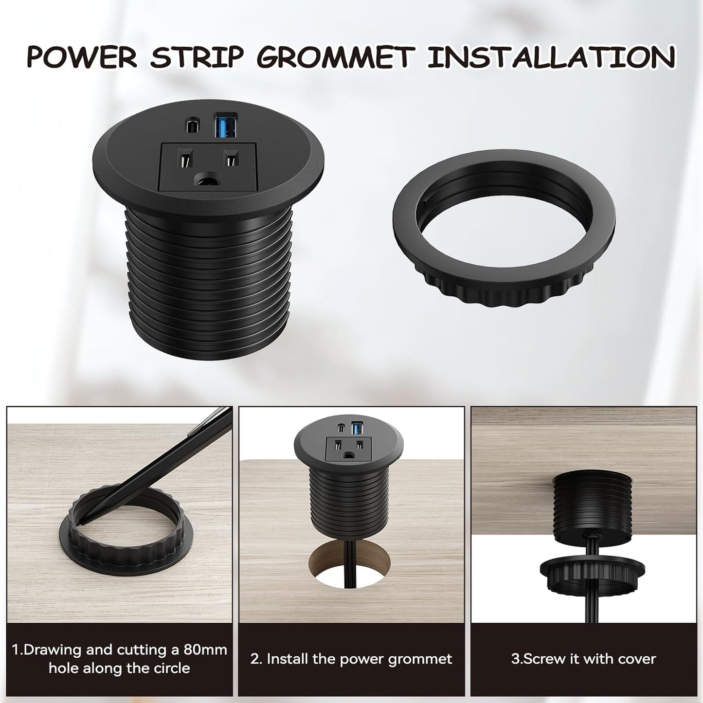 XBA 2inch Desktop Power Grommet Recessed Power Strip with PD 20W USB C,AC Outlet and 18W USB A Charging Port, Hidden Power Outlets with 6FT Extension Cords for Office, Home(Black)