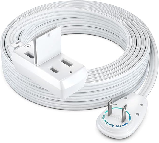 Maximm 15 Ft Extension Cord, 2 Prong, 360° Rotating Flat Plug, UL Certified, White – Space-Saving Indoor Power Cord for Tight Spaces, Polarized