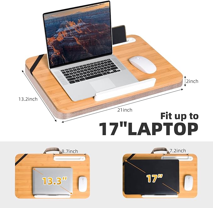 wishacc Portable Bamboo Lap Desk Tray, Natural Wood, Large 21.1 x 12.9 Inch, for Home Office