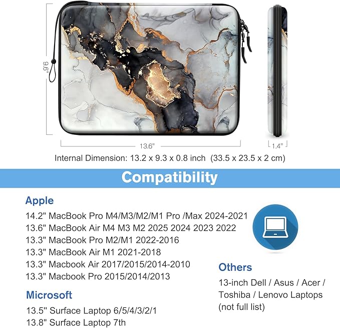 FINPAC Hard Laptop Sleeve Case for 13 inch MacBook Air M4 M3 M2 M1 2025 2024, 14 inch MacBook Pro M4/M3/M2/M1 A2918 A2992 A2779 A2442, Waterproof Case for Dell, Surface Laptop, HP, Acer, Cloudy Marble