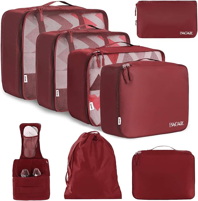 BAGAIL 8 Set Packing Cubes Luggage Packing Organizers for Travel Accessories-Wine Red