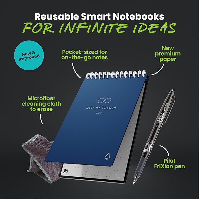 Rocketbook New Mini Reusable Smart Notepad, Pocket Size Notebook 3.5x5.5, Dark Blue - Dotted Pages, App-Connected, Erasable, Ideal for On-The-Go List Taking & Quick Notes Anywhere