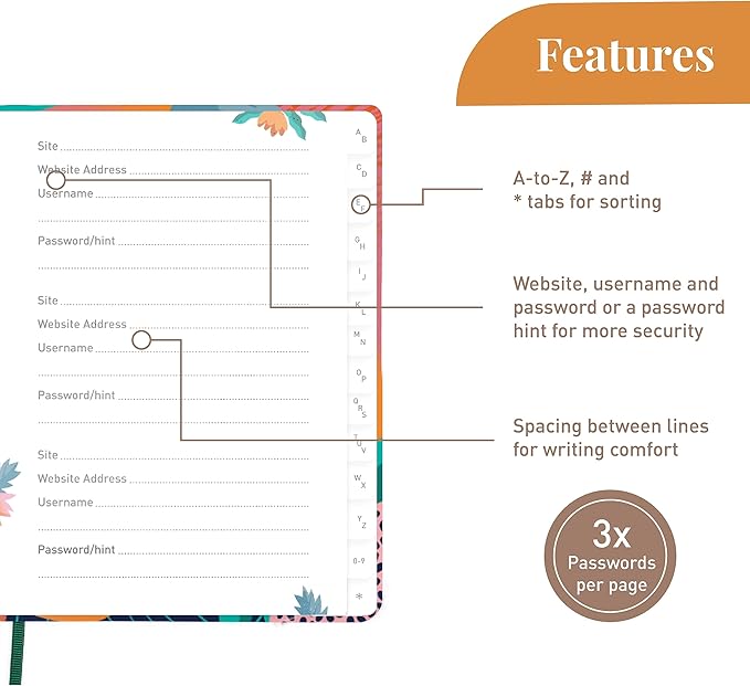 Rileys & Co. Password Book with Alphabetical Tabs, Password Keeper, Password Books for Seniors, Password Notebook for Internet Login, Website, Username (6 x 5 Inches, Floral)