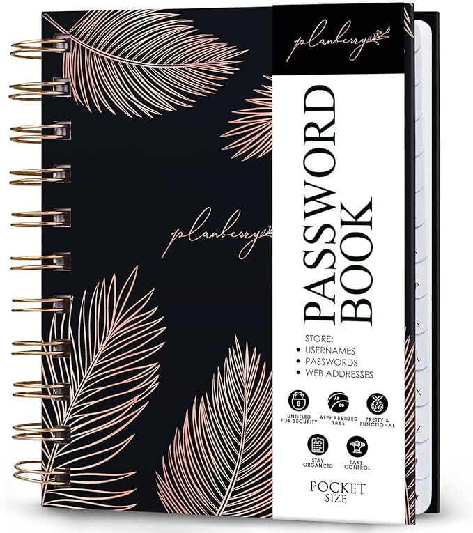 PLANBERRY Password Book Premium – Small Internet Address Organizer with A-Z Tabs – Pocket Website Password Keeper with Alphabetical Tabs – 4.7x5.7″, Hardcover (Onyx Black)