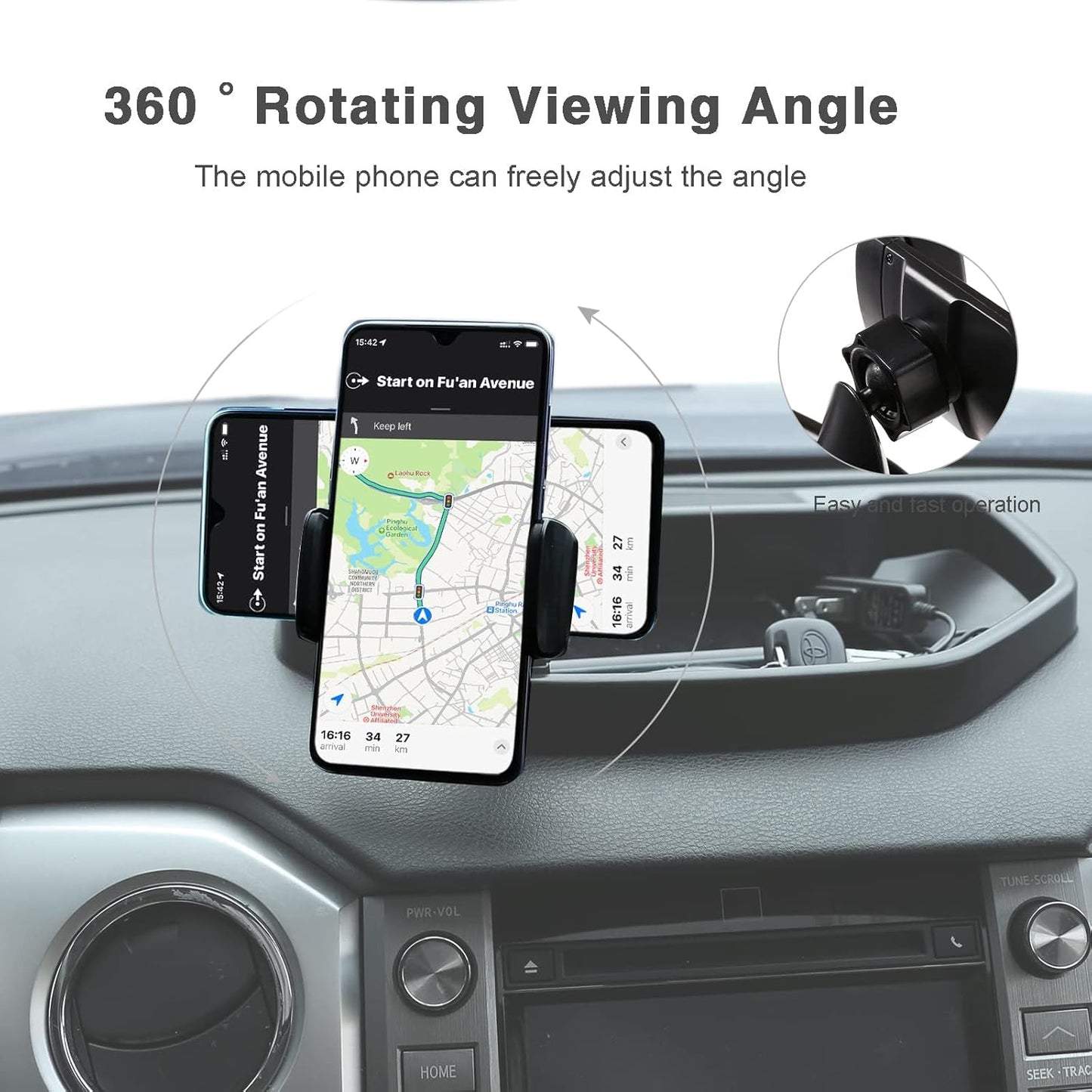 LLKUANG Black ABS Car Center Console Dash Table Storage Tray Fit for Toyota Tundra 2014-2021 Instrument Organizer 360° Rotating Phone Holder Cradle Accessories (with Mobile Phone Holder)