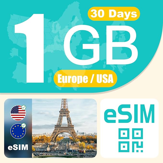 Europe and USA eSIM Prepaid 1GB 30Days | Supports European 32 Countries (Including Switzerland) and USA | Hotspot Allow | 4G LTE High-Speed Internet | No Contract No SIM Card | Local Carriers eSIM