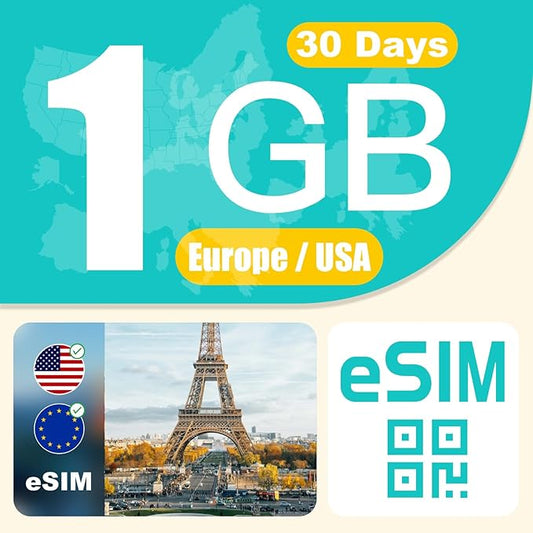 Europe and USA eSIM Prepaid 1GB 30Days | Supports European 32 Countries (Including Switzerland) and USA | Hotspot Allow | 4G LTE High-Speed Internet | No Contract No SIM Card | Local Carriers eSIM