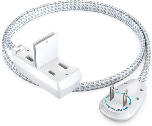 Maximm 1 Ft Extension Cord, 2 Prong, 360° Rotating Flat Plug, UL Certified, Gray – Space-Saving Indoor Power Cord for Tight Spaces, Polarized, Braided