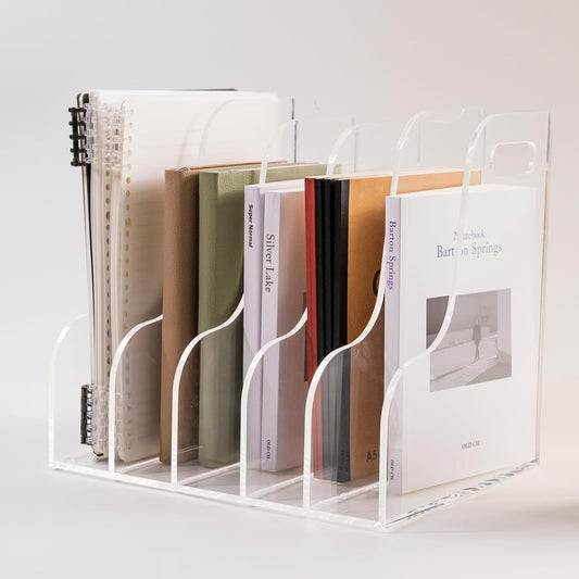 5 Vertical Compartments File Holder, Clear Acrylic Desk Organizer and Storage Bins Holding for Magazines, Binders, Notebooks, Envelopes, Multi-purpose Document Organizer for Home Office