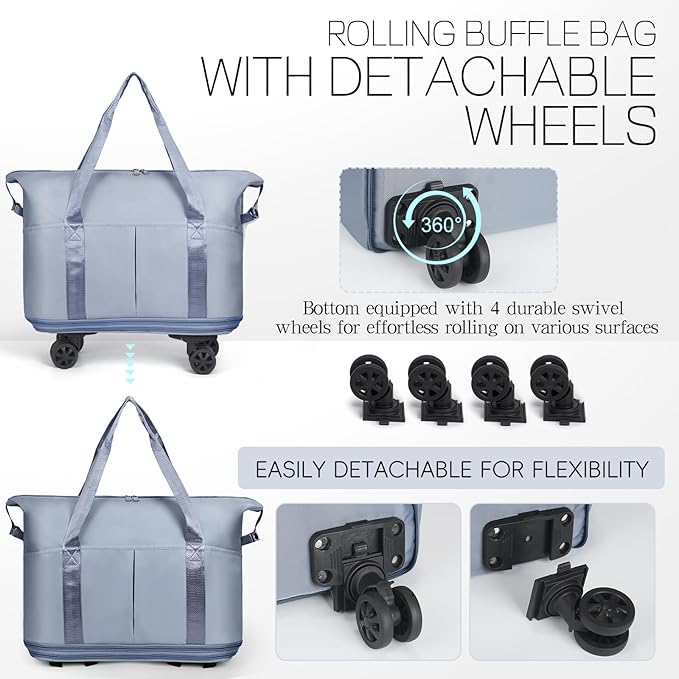 VOOWO Duffel Bag with Wheels - Rolling Foldable Expandable Duffle Bag with Wheels for Travel, Rolling Luggage Bag Carry On Travel Bag with Wheels, Large Wheeled Overnight Weekender Bag (Blue)