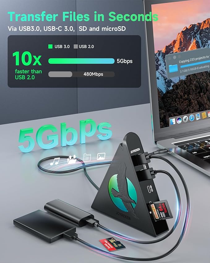 Vertical USB Hub Tower, 8-in-1 USBC Hub with HDMI 4K@30Hz, 100W PD, 5Gbps USB-C & 3xUSB-A, SD&TF Slots, RGB Gaming Hub Compatible with MacBook, iPad, iPhone16, XPS, Surface & Type-C Laptops.