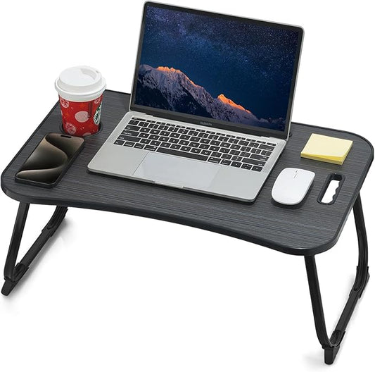 Laptop Bed Desk, Foldable Lap Table, Portable Study Table, Laptop Stand with Cup Holder & Tablet Slot & Lifting Handle for Working Writing Drawing & Eating - Dark Black