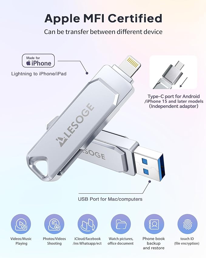 MFi Certified Flash Drive 512GB Thumb Drive USB Memory Stick High Speed External Storage Jump Drive USB Stick Photo Stick for iPhone/iPad/Android/PC and More Devices