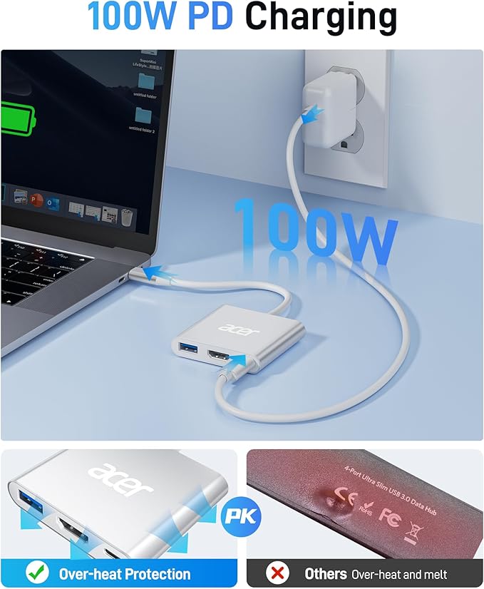 Acer USB C to HDMI Adapter, 4K USB C Hub with 100W PD, USBA 3.0 Port, HDMI to USBC Multiport Digital AV Converter for MacBook Pro/Air, iPad, Tablets, Switch, TV, Monitor and More (Silver)