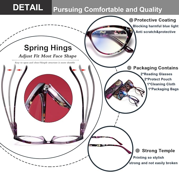 EYEURL Cat Eye Reading Glasses for Womens Set of 2 Blue Light Blocking Readers +1.75 Fashion Ladies Computer Eyeglass Spring Hinge