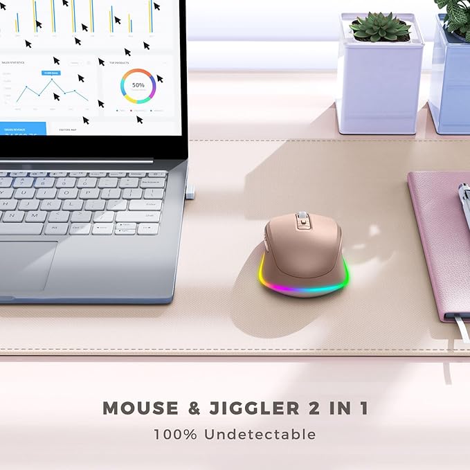 PEIOUS Wireless Mouse Jiggler - LED Wireless Mice with Build-in Mouse Mover, Rechargeable Moving Mouse for Laptop with Undetectable Random Movement Keeps Computers Awake - Gold