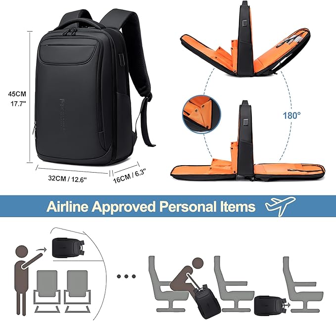 FENRUIEN Business Backpack for Men,Water Resistant Tech Backpack with Charger,Black Laptop Backpack 15.6 Inch