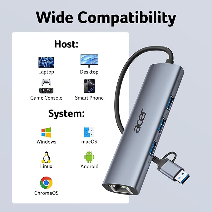 Acer USB to Ethernet Adapter, USBC Hub Ethernet 1Gbps with 3*USB 3.0, Aluminum Heat Dissipation, Driver Free, USB to Network Adapter for Windows 10, 8.1, Mac OS, Laptop, MacBook Pro, iPad, XPS, etc