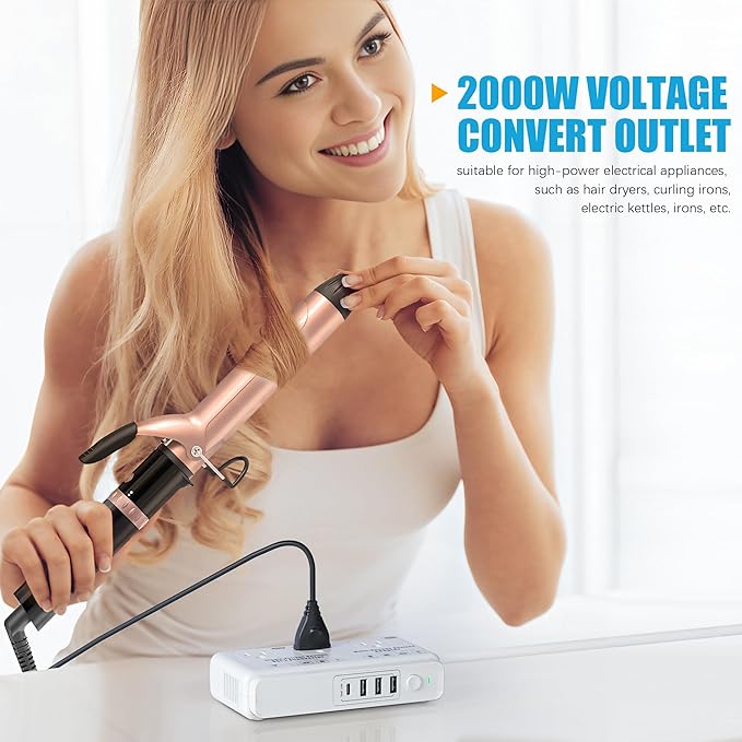 220v to 110v Travel Voltage Converter: International Universal Voltage Converter US to Europe Power Strip Plug Transformer - 2000W Electric Hair Dryer Step Down Outlet Converters for European UK EU