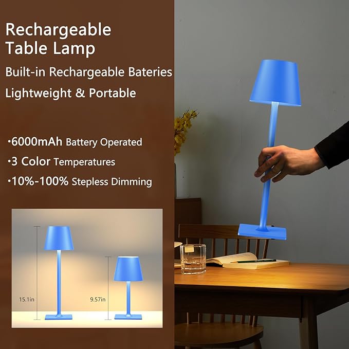 Blue Cordless Table Lamp Set of 2, Indoor/Outdoor Table Lamp for Restaurant Home Dinner Patio Pinic